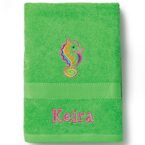 Personalized Large Beach Towels - Green Seahorse